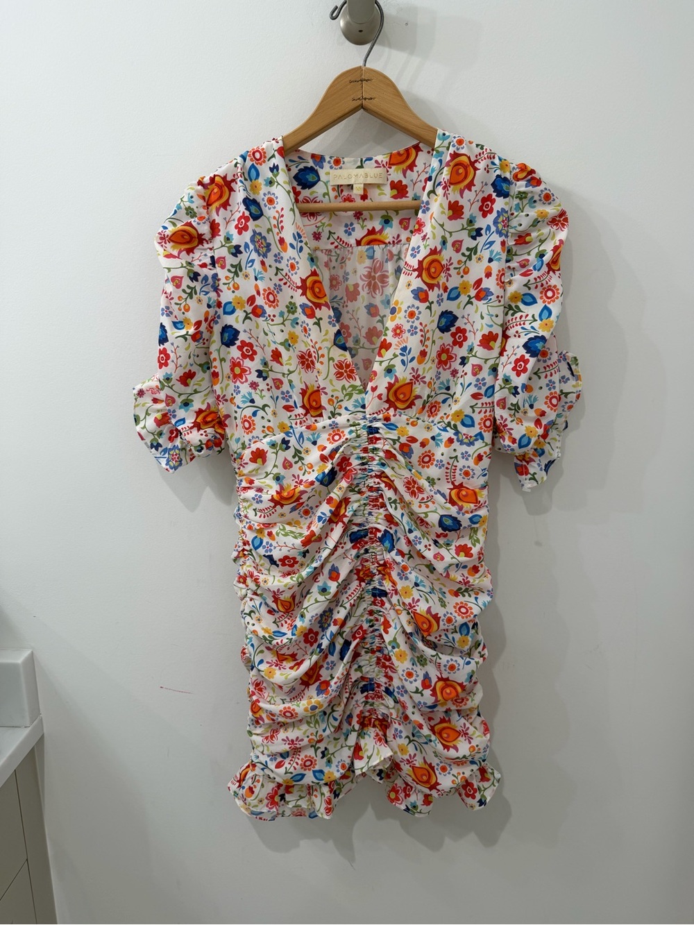 Paloma Blue x Revolve Ruched Mini Floral Short Puffed Sleeve Dress sz XS NWOT